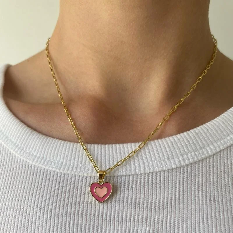 

Tarnish Free Jewelry Stainless Steel 14K Gold Plated PaperClip Link Chain Choker Enamel Double Layer Heart Pendant Necklace