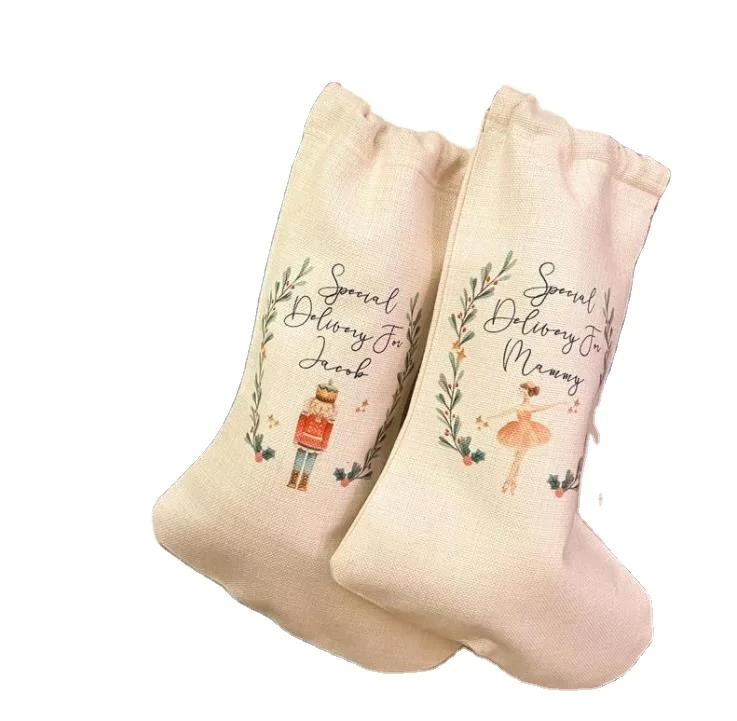 

DIY Sublimation Blank Bags Printing Linen Stockings Christmas Decoration Socks Halloween Advertising Drawstring Santa Sack