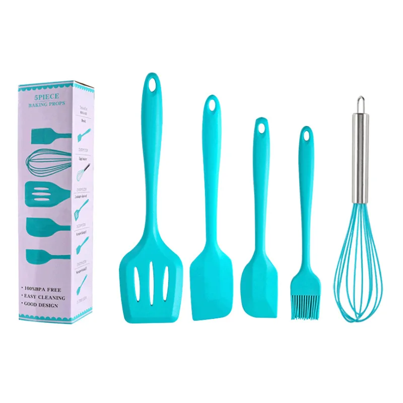 

Household heat resistant non-stick 5-piece set silicone baking tools rose gold kitchen utensils, Mint green