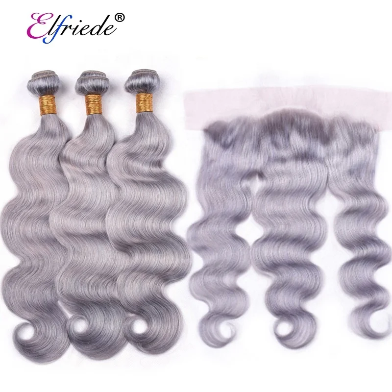 

Grey Body Wave Hair Wefts with Frontal Brazilian Remy Human Hair Weaving Bundles with 13"x4" Lace Frontal Closure JCXT-225