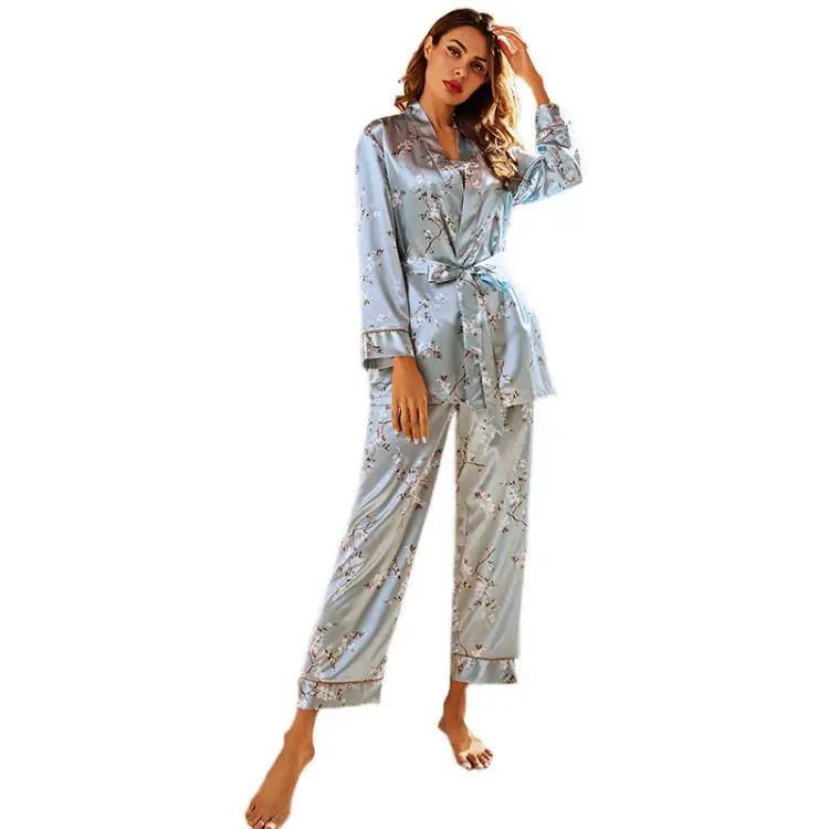 

2021 hot sales new 4 piece robe sets satin silk sleepwear flower print pajamas set for women