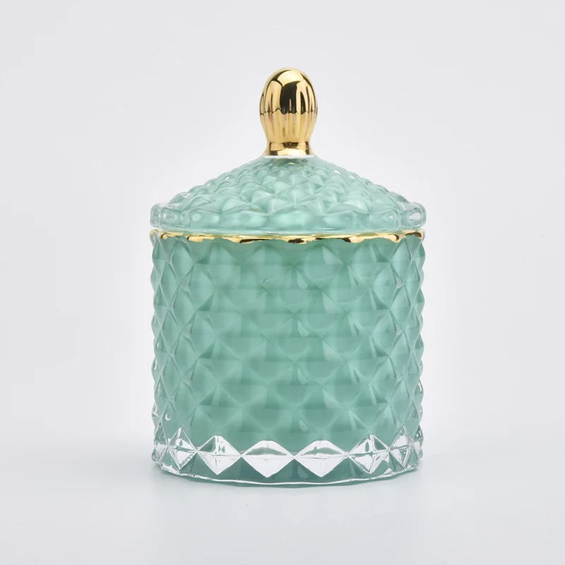 Gold Rim Solid Green Glass Candle Jar with Lids Home Decor Wholesales
