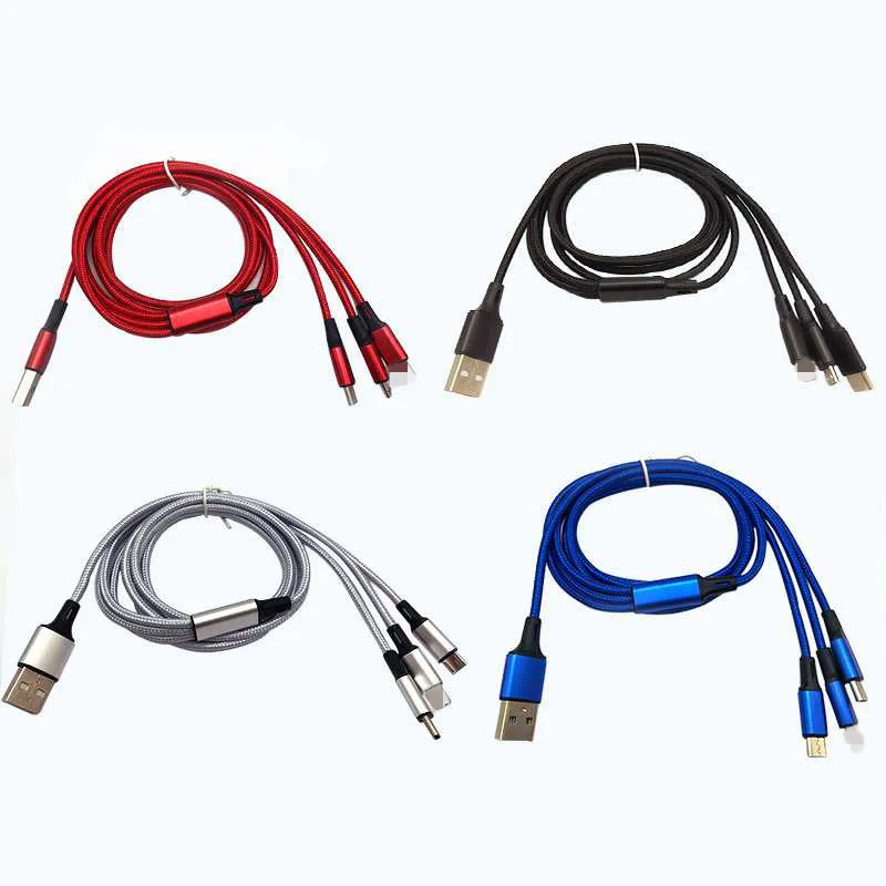 
Nylon Braided Multiple heads Mobile Phone Charger 3 in 1 USB Cable with 3 heads 