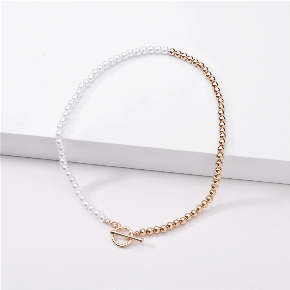 

Simple White Gold Imitation Pearl Beaded Chain Choker Necklace Pearl Hollow Circle Charm Necklace For Women, Picture color
