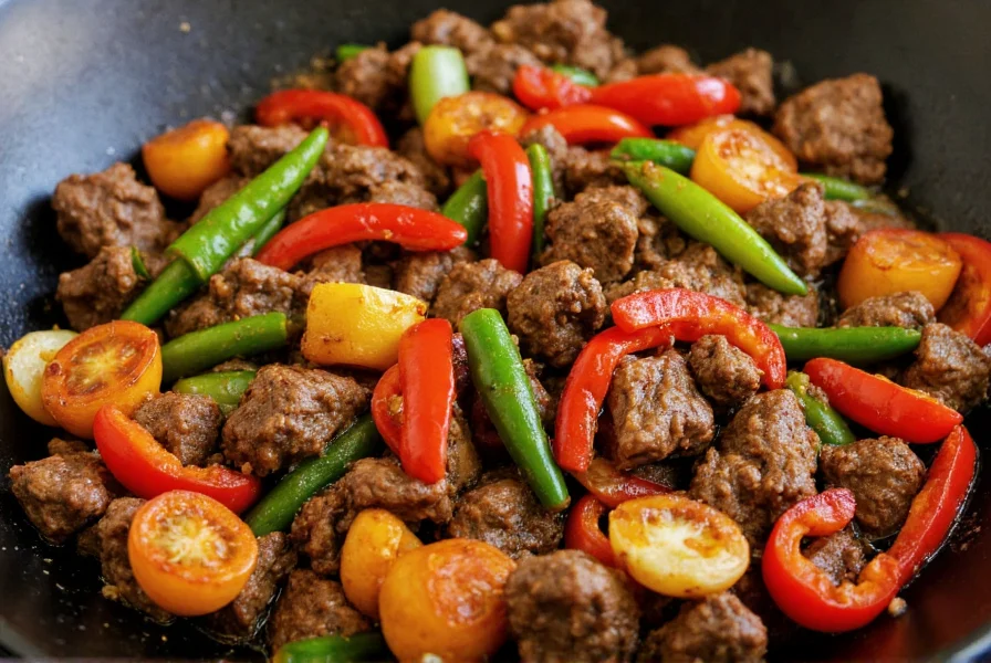 Sizzling pepper steak stir fry in wok with vibrant vegetables and glossy sauce