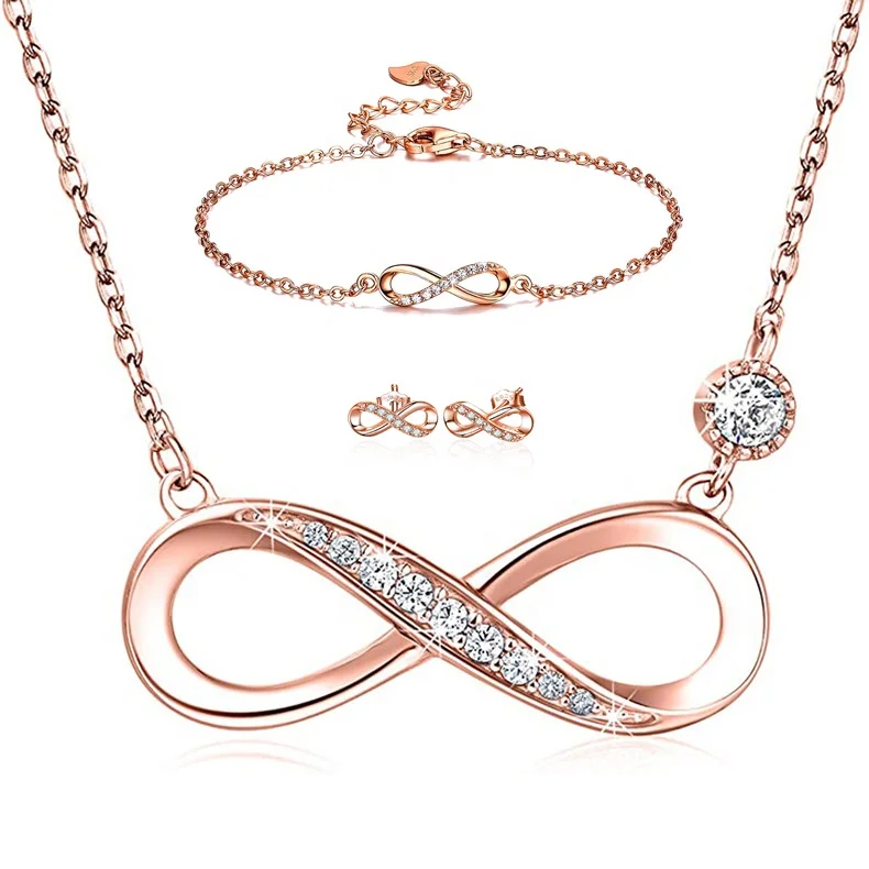 

925 Sterling Silver Eight 8 Earring Bracelet Women's Wedding infinity Necklace Fine Jewelry Sets, Silver, gold, rose gold