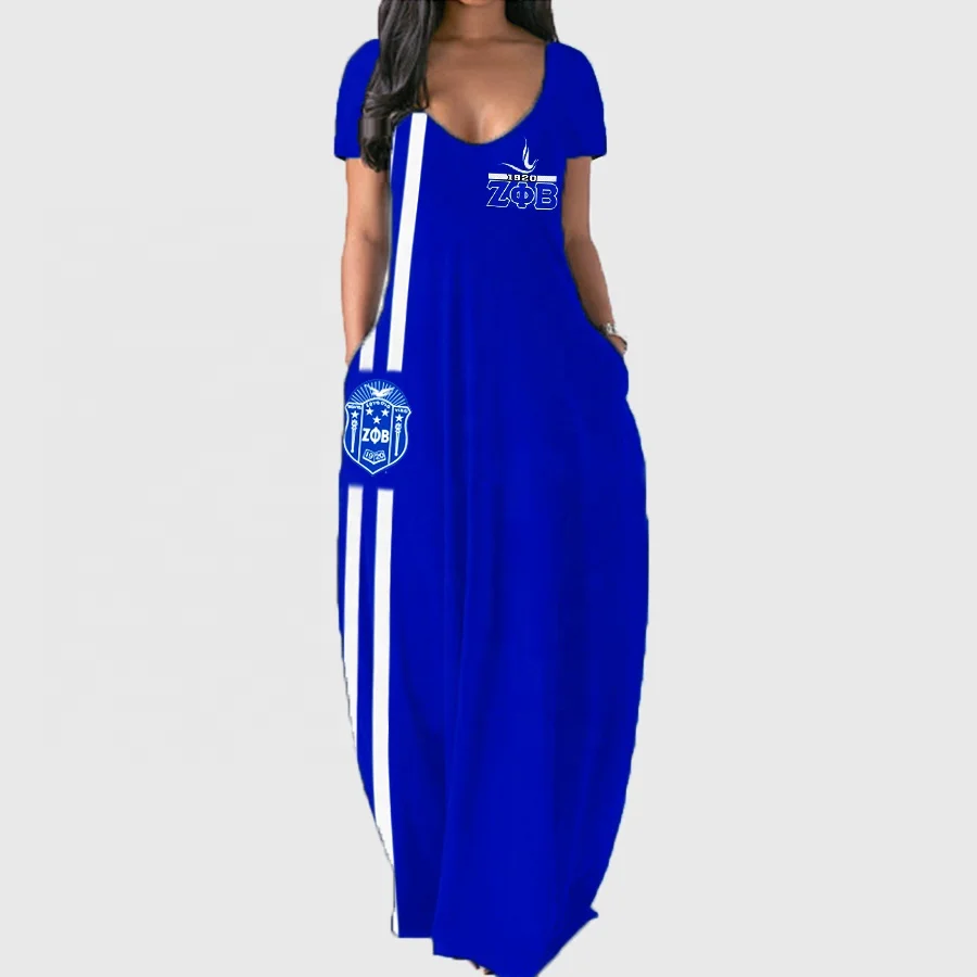 

Custom Zeta Phi Beta Bohemian Strap Digital Print Short Sleeve Summer Dress number 20 Sorority V-Neck Women Long Dresses, Customized color