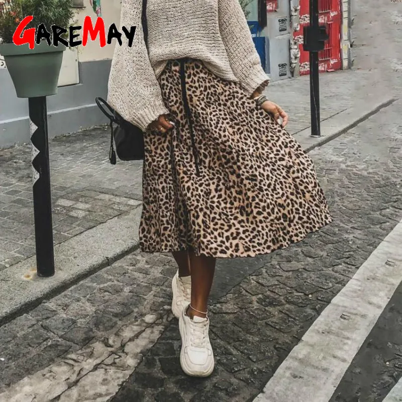 

Vintage Leopard Print Pleated Midi Skirts Women Spring Autumn 2020 Korean Lady Elastic Waist Drawstring A-line Long Skirt Female