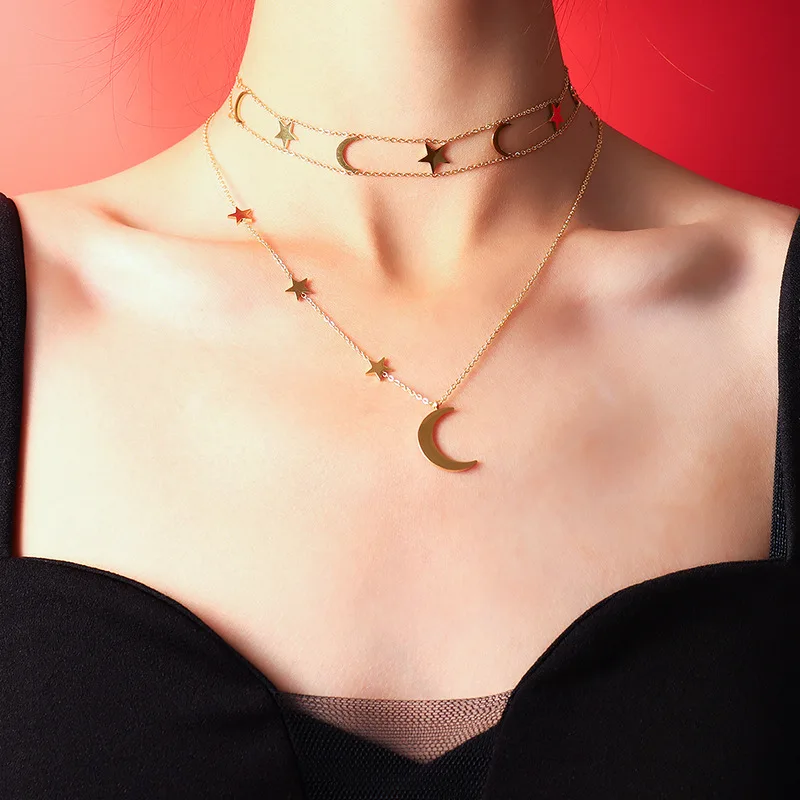

New stainless steel gold plated double layer moon star necklace for women