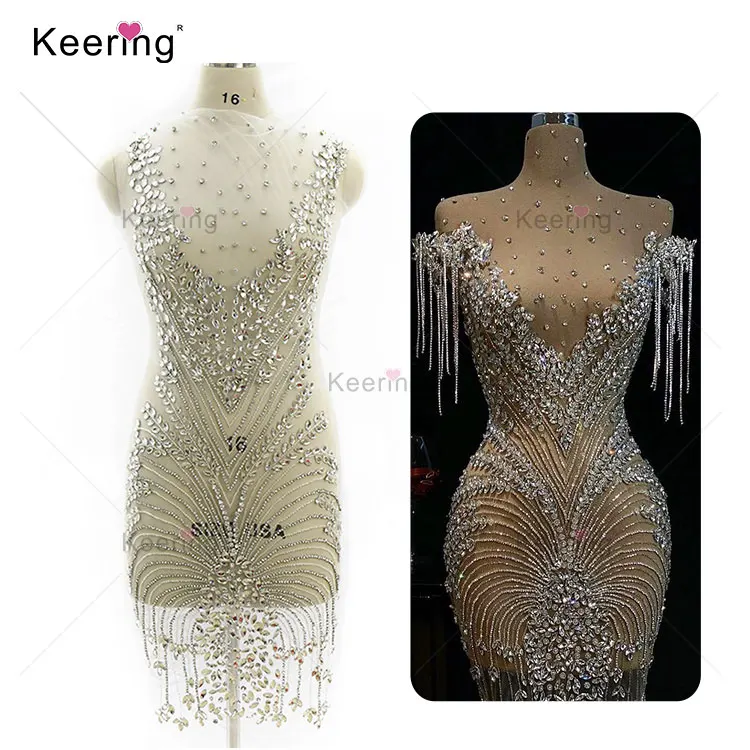 

High end Handmade WDP-362 Keering Clear Silver Shiny glass dress panel art deco crystal embroidered flower bodice applique, Silver/clear