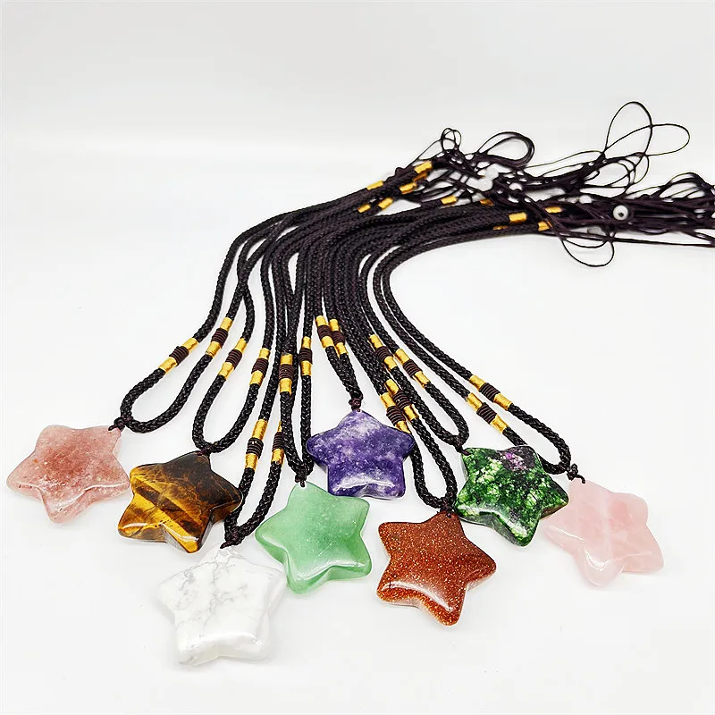 

Wollet Wholesale Polished Mixed Stone Charms Natural Stone Pentagram Agate Crystal Pendants Necklace