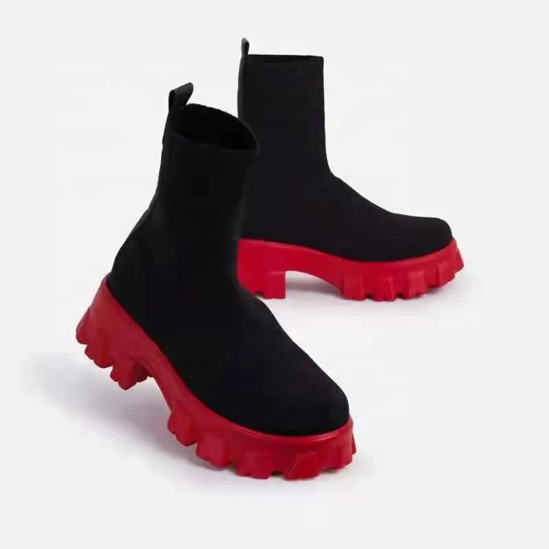 

Latest Design Women Platform Chelsea Boots Slip-on Ankle Heel Knit Chunky Sole Sock Boots, 4 colors as pic shown