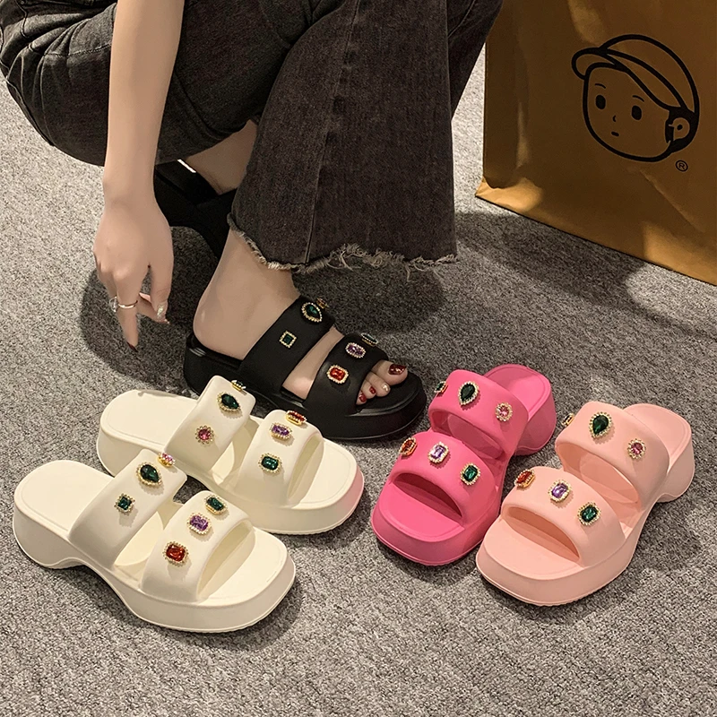 

Chunky Sandals Female Summer 2023 Fashion Women Thick Bottom Rainbow Sole Hook & Loop Shoe Wedge With Open Toe Platform Shoes