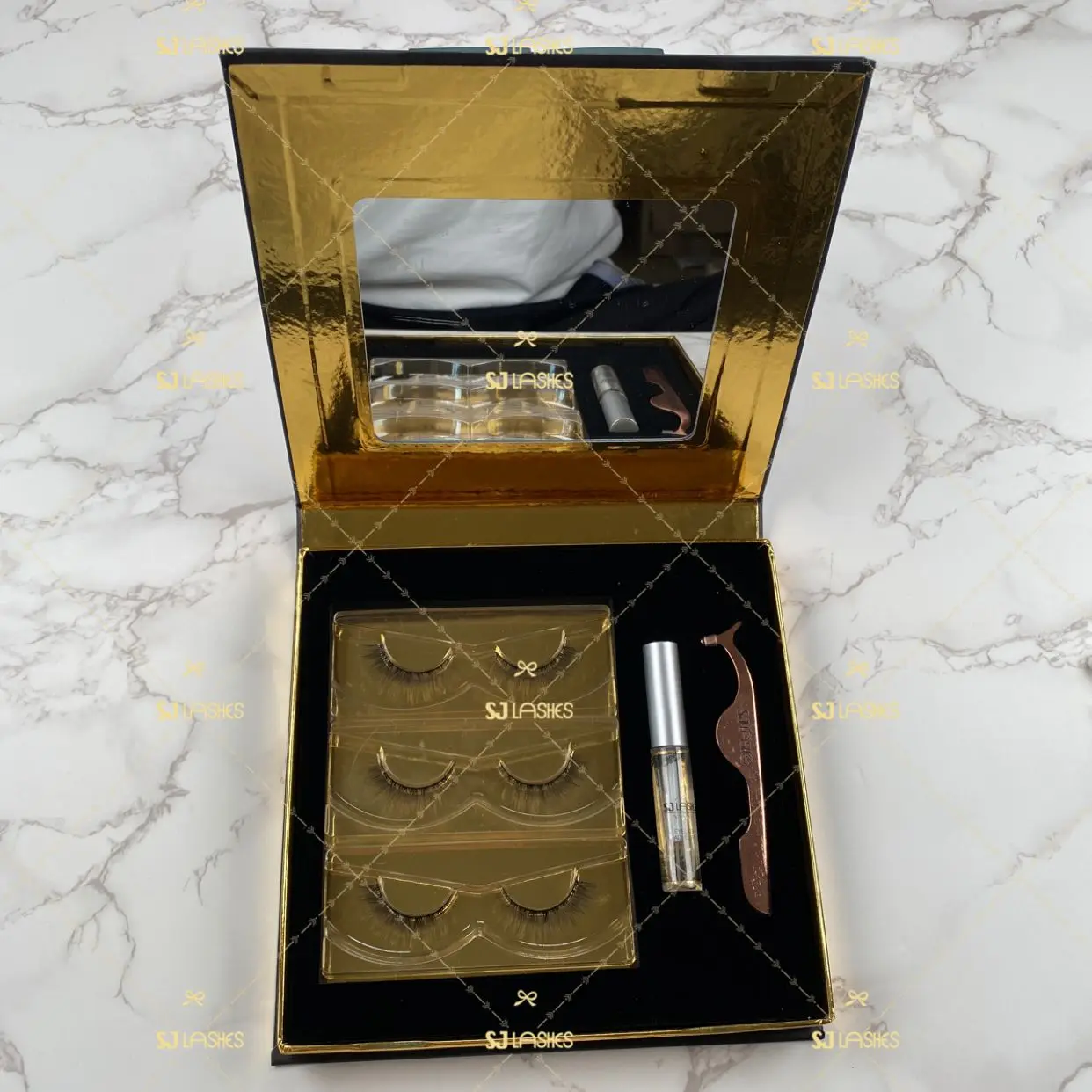 

Black Gold Magnetic Luxury Lash Set Box For 3D 8/15/25mm Strip Lashes Custom Eyelash Packaging Box With Private Logo, Natural black