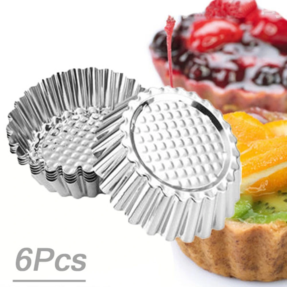 

6Pcs Reusable Silver Stainless Steel Cupcake Egg Tart Mold Cookie Pudding Mould Nonstick Cake Egg Baking Mold Pastry Tools