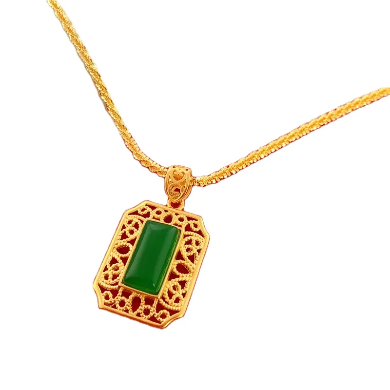 

Wholesale Fashion Chalcedony Necklace Vietnam Sand Gold Imitation 24K Gold Green Chalcedony Gemstone Square Necklace For Women
