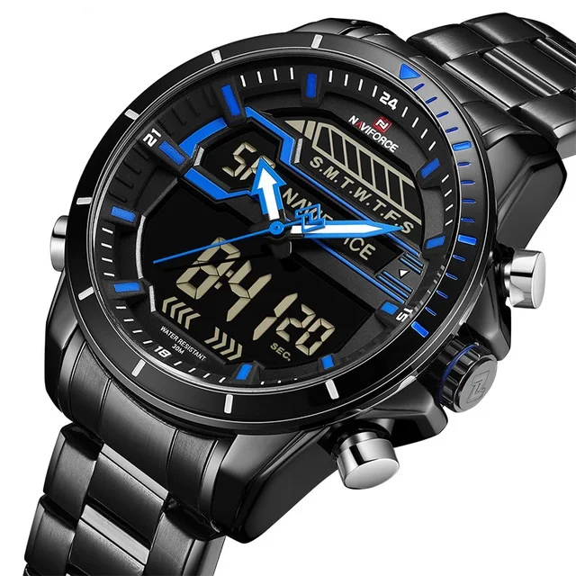 

NAVIFORCE Brand Men Sport Watches Waterproof Chronograph LED Digital Analog Watches Mens Steel Quartz Clock Relogio Masculino, 5-color