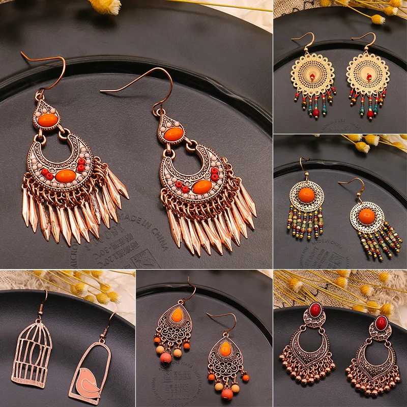 

PUSHI crystal dangle ethnic earrings women lot party tassel earrings vintage retro drop stone long earring for women