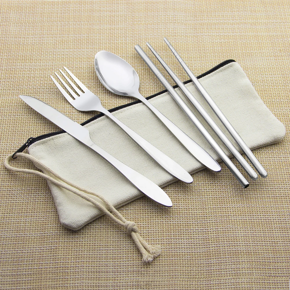 

Top Choice 8 Pieces Stainless Steel Outdoor Portable Utensils Travel Cutlery Set with Knife Spoon Fork Chopstick Straw Set, Silver