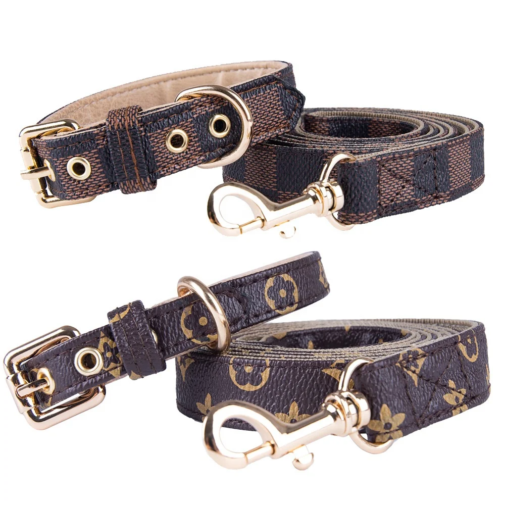 

Hotsale Classic plaid luxury poplar famous brand printing genuine leather pet dog collar leashes set