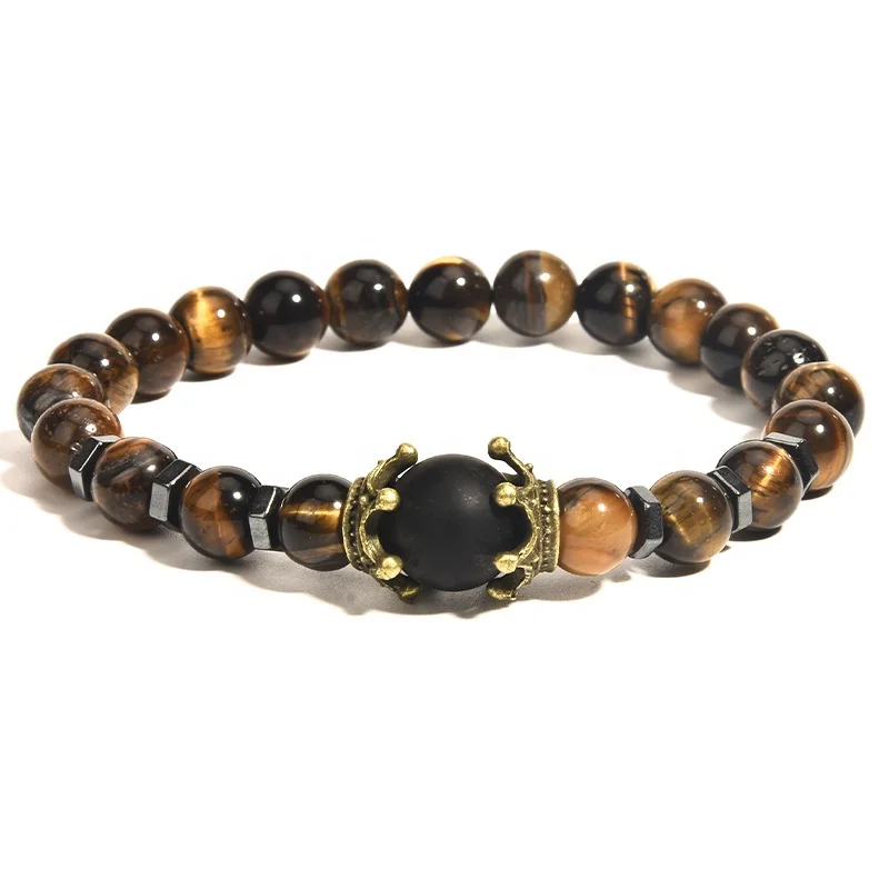 

Amazon New Design Men Charm Bracelet Fashion Luxury Alloy Crown Tiger Eye Stone Bead Bracelet For Wholesale, As photo