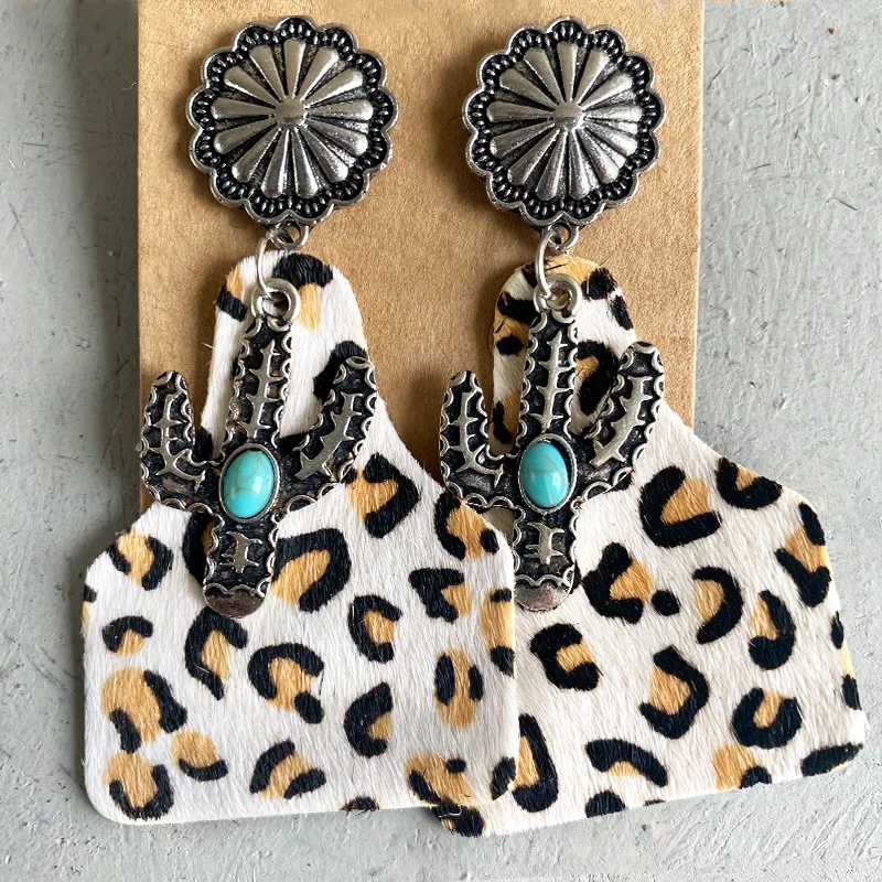

Vintage Silver Cushaw Flower Turquoise Cactus Earrings Genuine Leather Cow Tag Earrings for Women 2022 Western Jewelry Wholesale