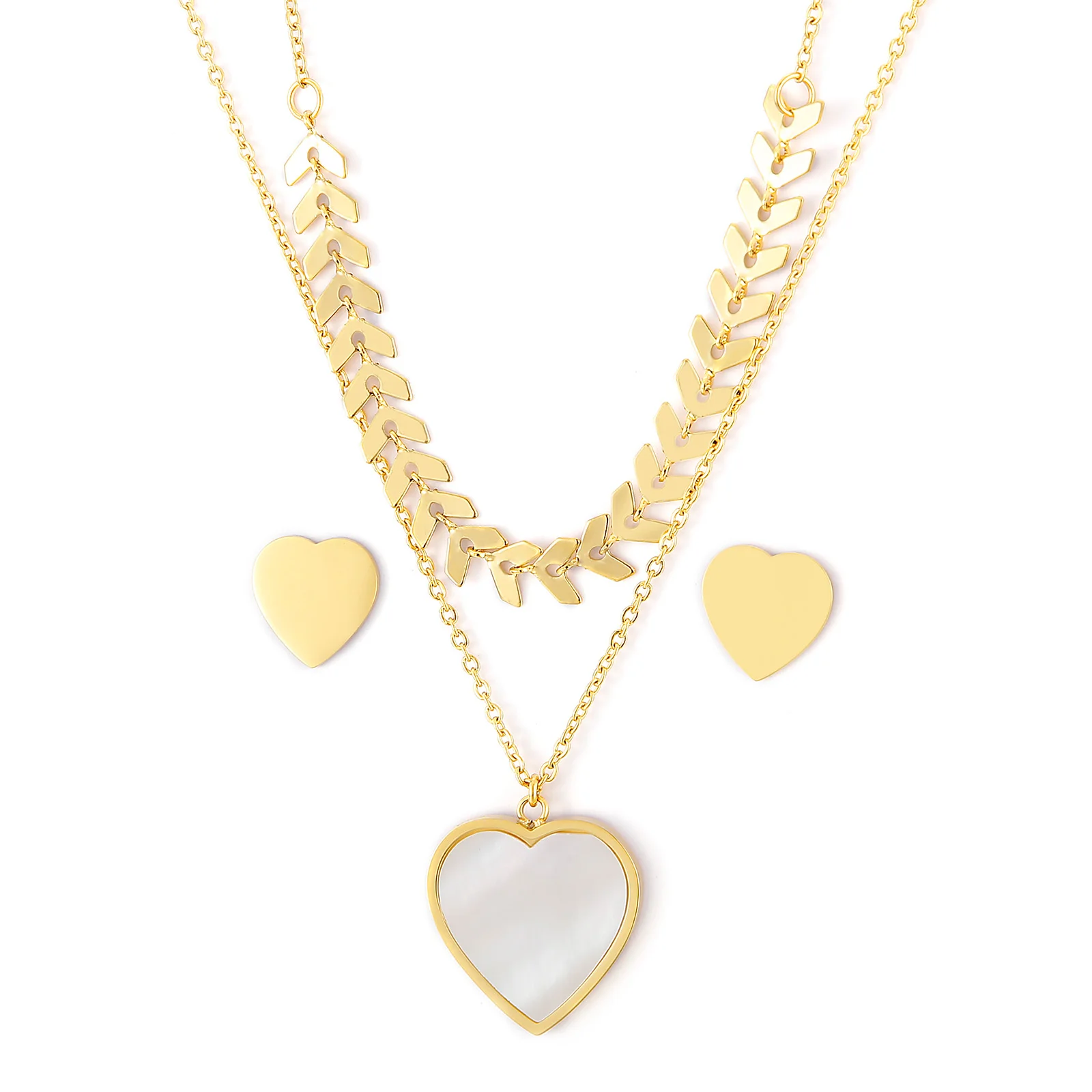 

Women Double Chains Heart Earrings Shell Pendant Necklaces 316L Stainless Steel Jewelry Sets, Gold/steel