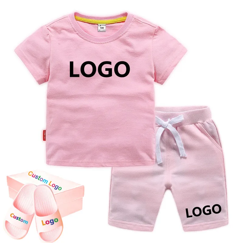 

Children's clothing children boys summer casual short-sleeved solid color girls custom logo t-shirt and shorts set 2-piece set, 13 colors