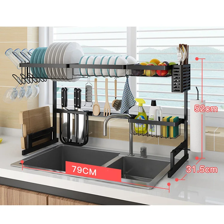 

65cm 79cm 85cm 91cm storage Holder Black Stainless Steel kitchen sink organizer dish drying rack, As picture