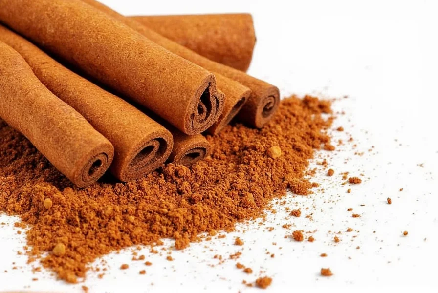 Close-up of ground cinnamon in a wooden spoon with cinnamon sticks scattered around