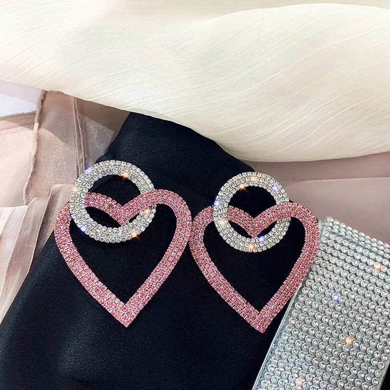 

Fashion Statement Gifts Green Pink Crystal Heart Earrings Oversize Rhinestone Circle Love Heart Earrings