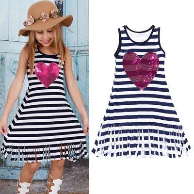 

F11329A Summer sleeveless sequined heart stripe frock for girls, As picture