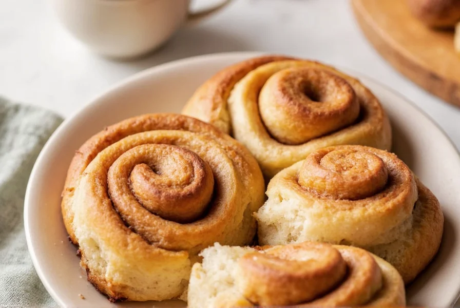 Close-up of freshly baked sugar free cinnamon rolls with cream cheese frosting on a wooden table
