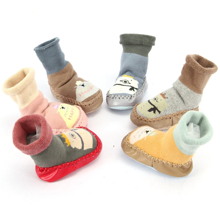

Leather Anti-slip Cartoon Soft Custom Organic Knit Combed Cotton Baby Socks Shoes For Toddlers Girl Boy Cute, As picture shows