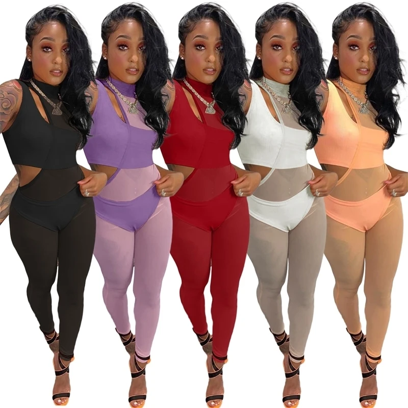 

2022 Sexy Styles Women Summer Mesh Solid Color Three Piece Suit Two Piece Pants Set