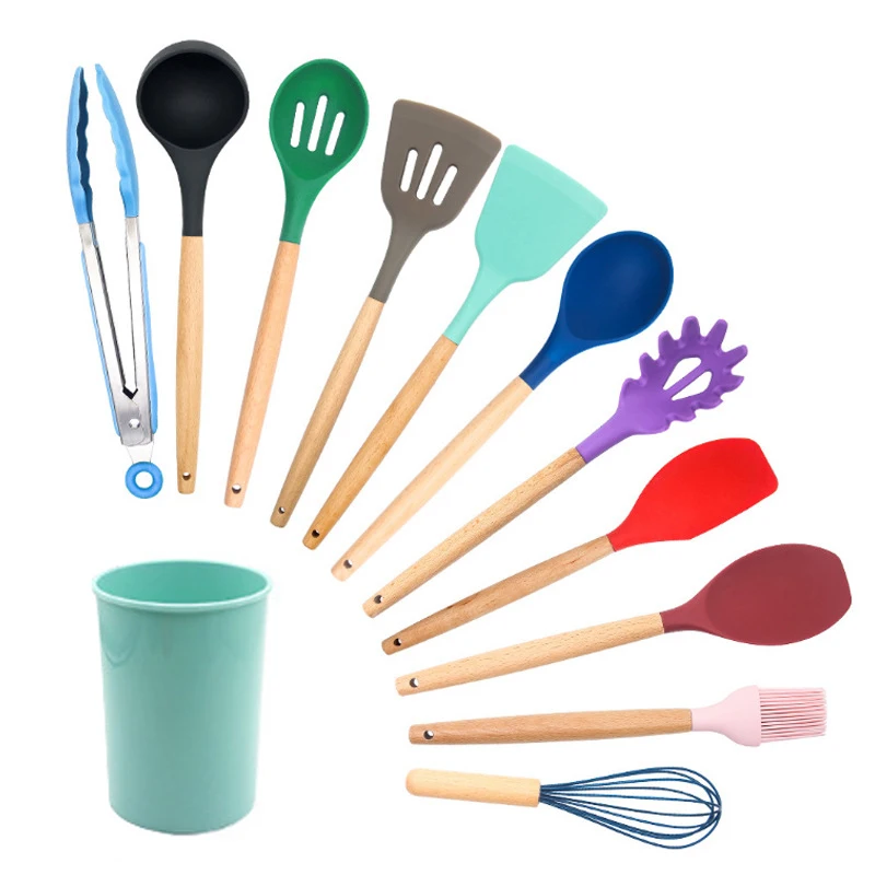 

12 Sets Wooden Handle Kitchen Utensil Creative Baking Silicone Shovel Kitchen Utensil, Colorful