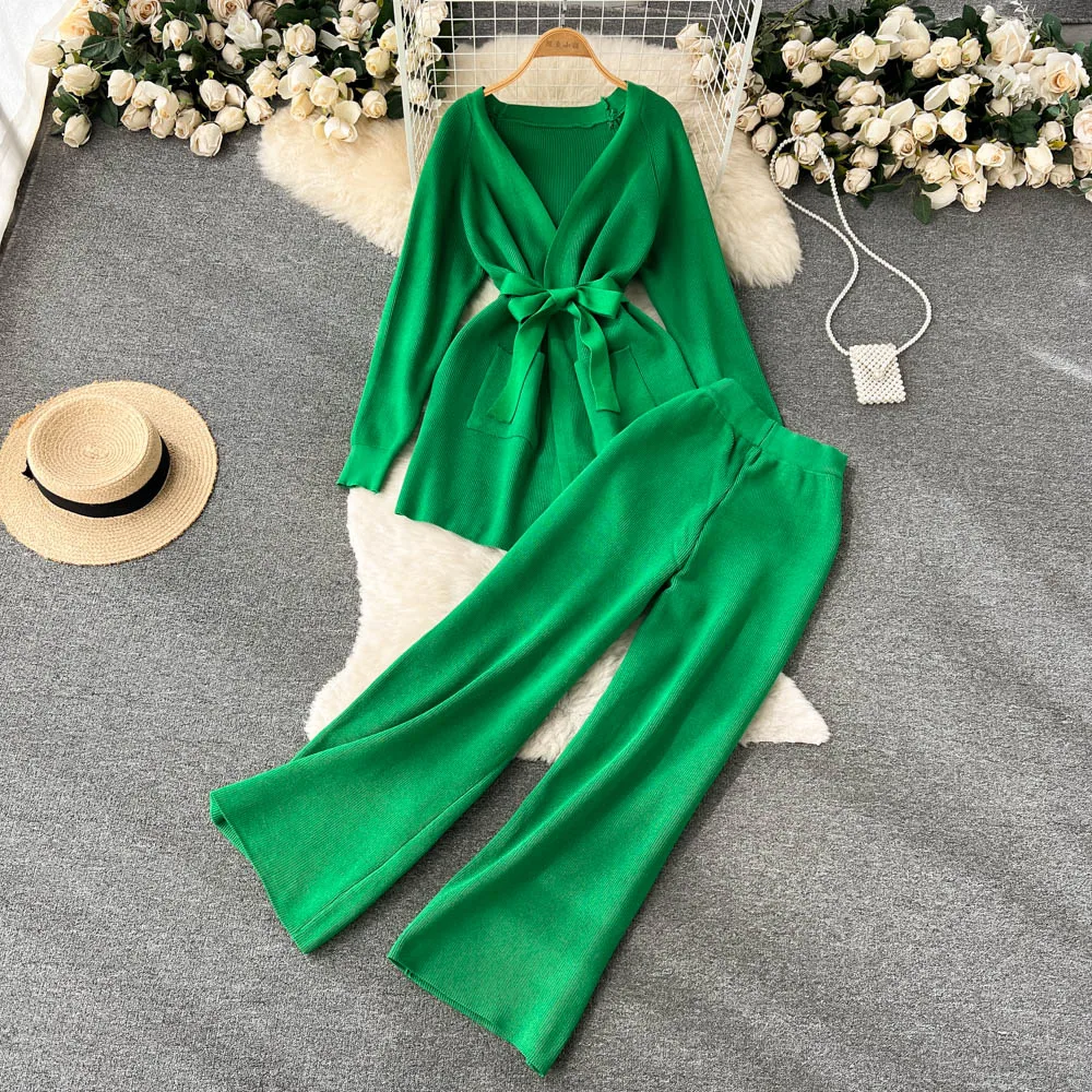 

Wholesale 2022 Autumn Niche Design Lace Up Waist Long Sleeve Knitted Cardigan Coat High Waist Loose Wide Leg Pants Women's Suit