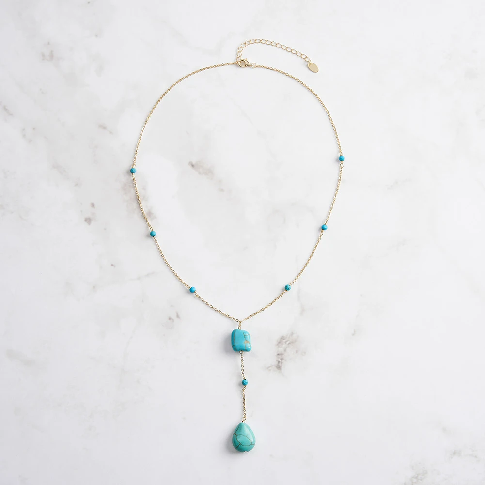 RINNTIN GMN50 Dainty 14K Gold Plated 925 Sterling Silver Natural Stone Necklace Y Shape Turquoise Pendant Necklace for Women