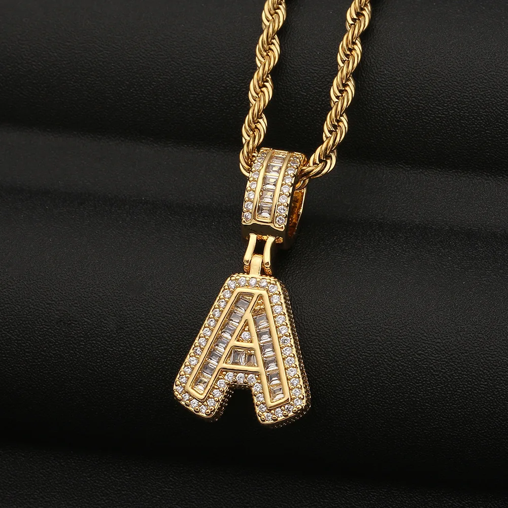 

European and American alphabet necklace jewelry twist Hip hop necklace Copper Zircon English alphabet pendant necklace, Silver/gold/rose gold