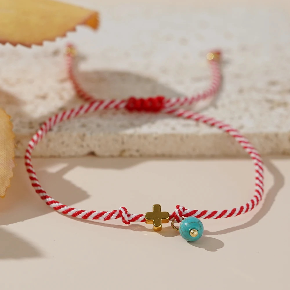 Go2boho Delicate Martis Rope 2024 Trendy Synthetic Turquoise Bead Cross Hope Pendant Greek March Bracelets for Women Date Gift