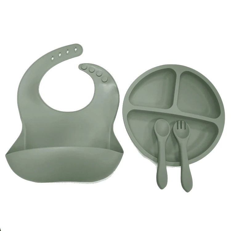 

custom logo DIY baby bib set silicone Divided Suction Plate with spoon and fork setids, Sage, ether, dark grey, peach etc