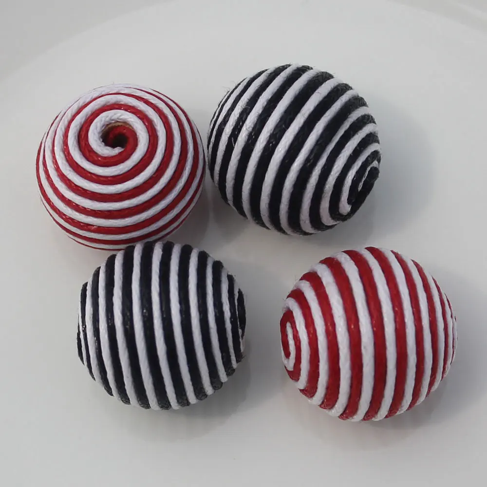 

Bulk 100Pcs  Red Black Thread Stripe Wooden Ball Beads Colorful Textile Round Stripe Necklace Beads For Jewelry Making Craft