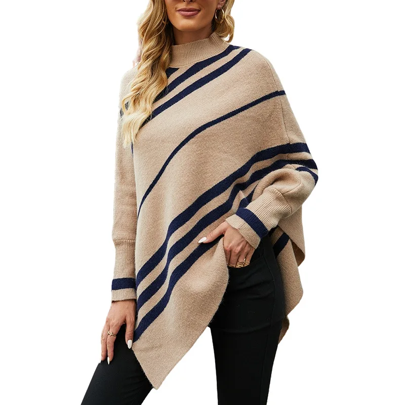 

New autumn/winter 2021 plus-size turtleneck cape women's sweater o neck stripe sweater