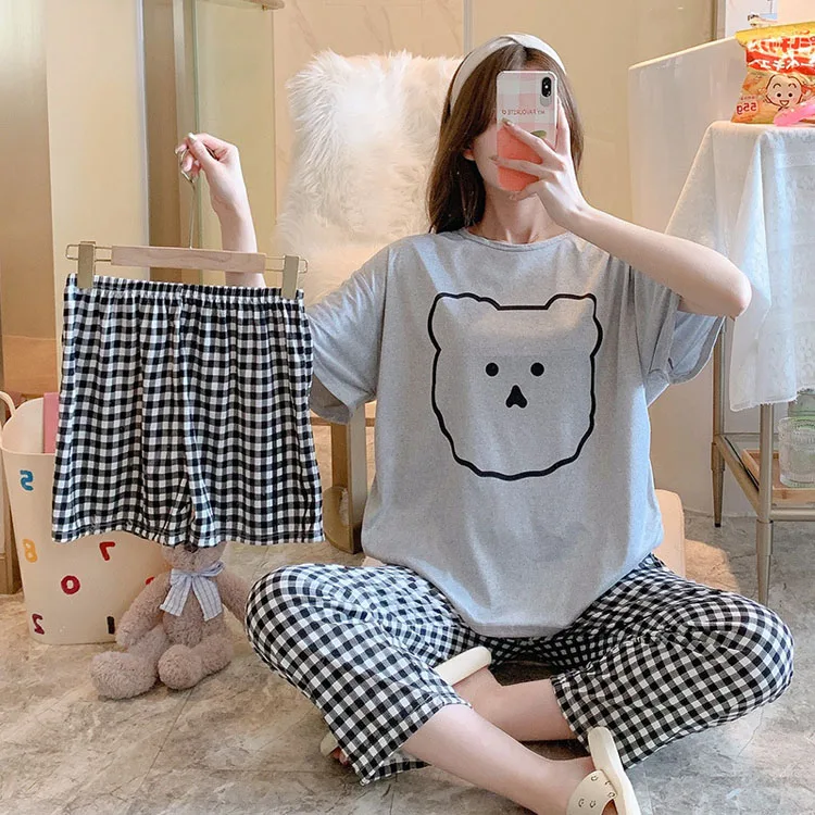 

Ladies Printed 3 Piece Pajama Set Sleepwear Short Sleeve Pants Piyama Milk Silk Pijamas Verano Mujer Pyjama For Women