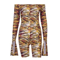 

tiger print long slit sleeve slash neck sexy playsuit autumn winter women streetwear outfits stretchy body