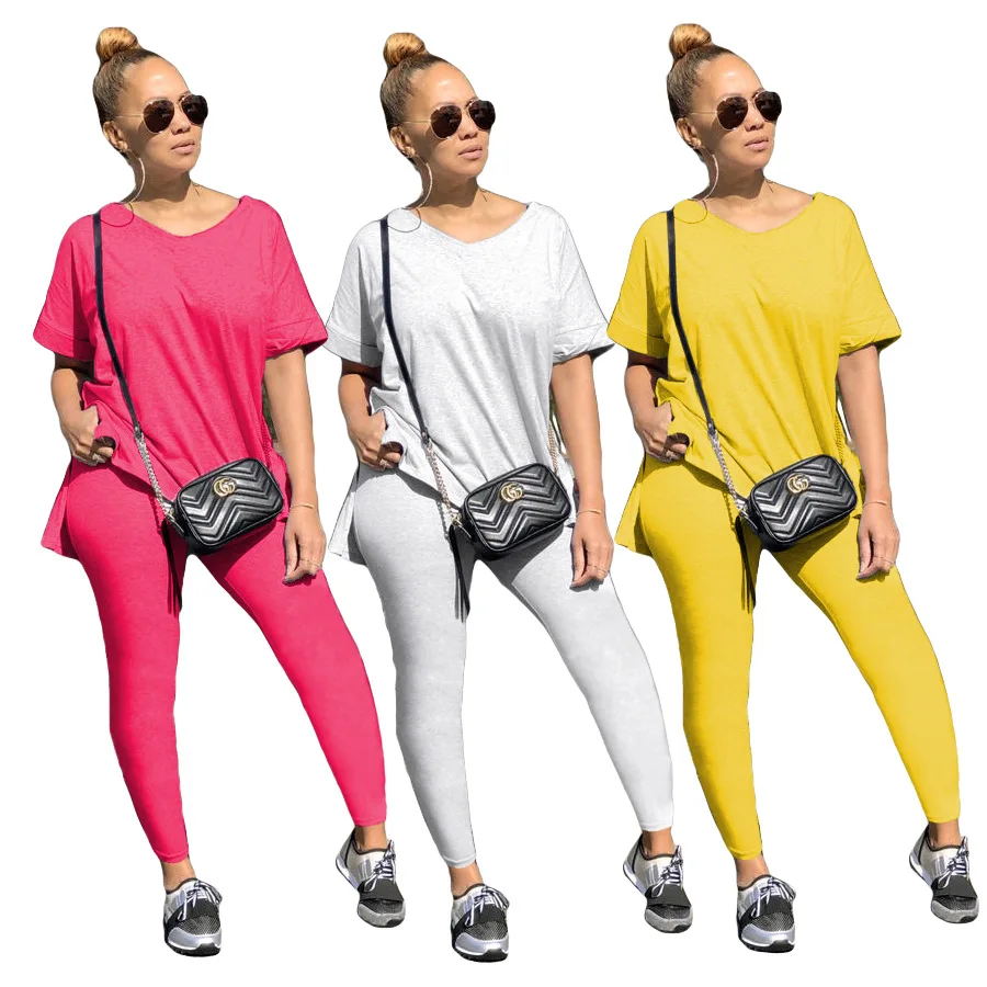 

20701-MX71 slit solid color 2 piece casual jumpsuit women hot sale sehe fashion