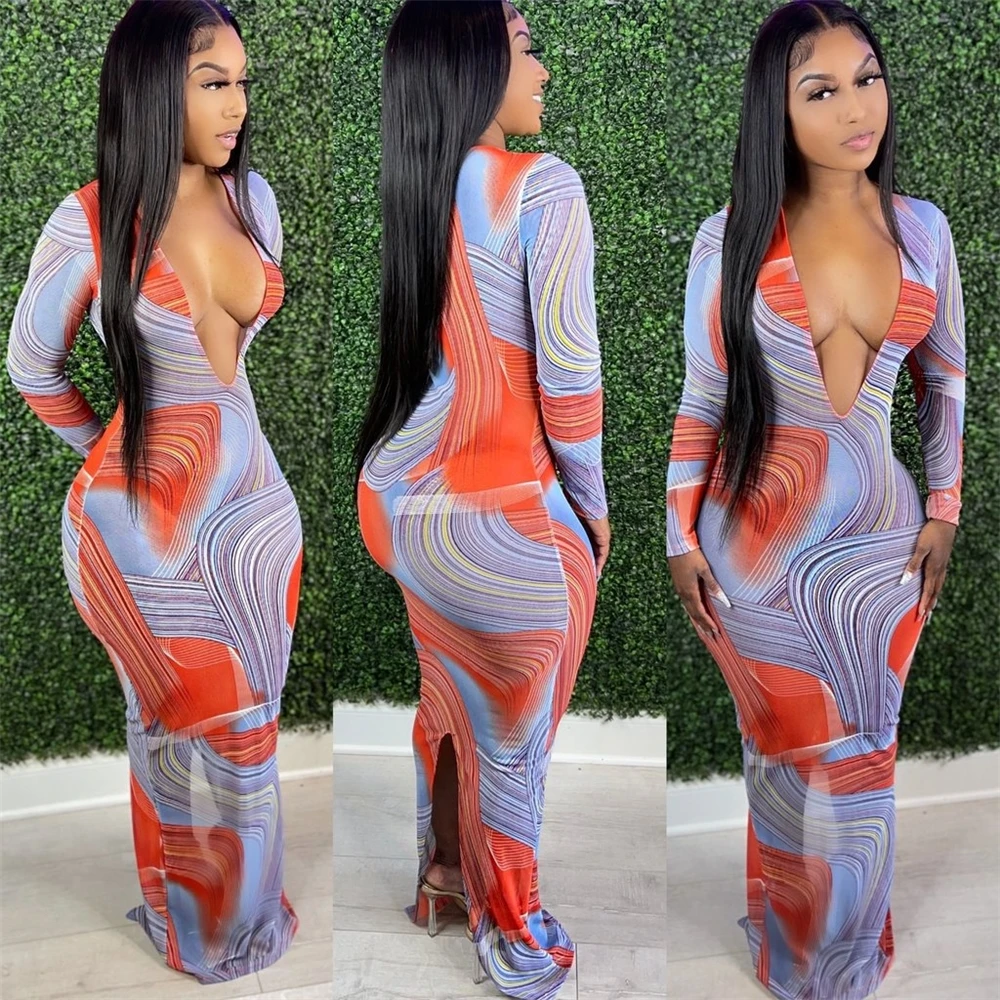 

Z11 New Trending 2021 Fall Fashion Women Irregular Mesh Print Sexy Deep V-Neck Dresses Long Dresses Women Maxi Casual, Customized color