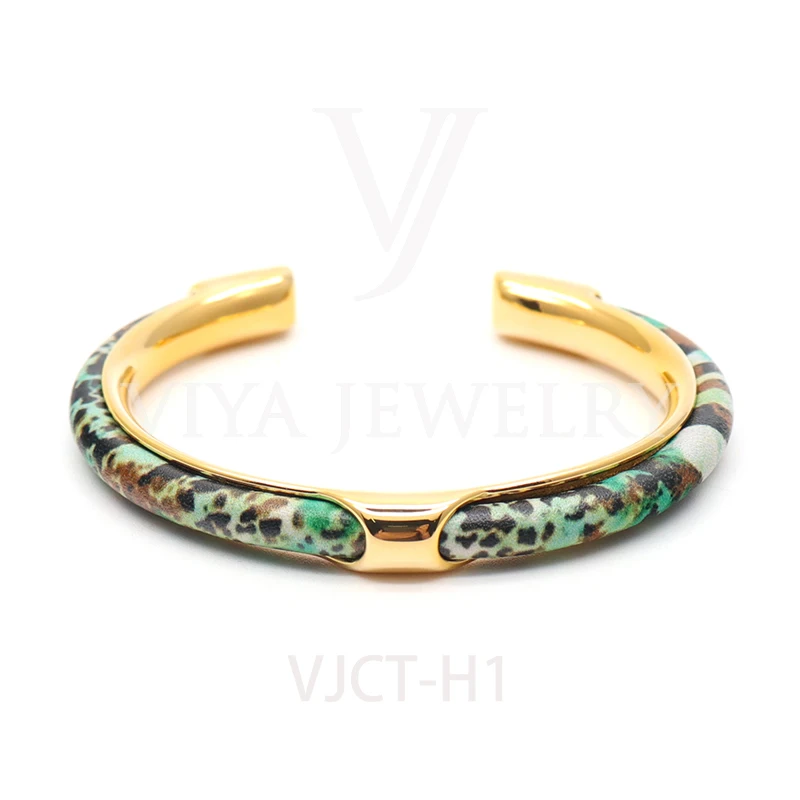 

New Arrival Popular Leopard Printed Cow Leather Bracelet Stainless Steel Cuff