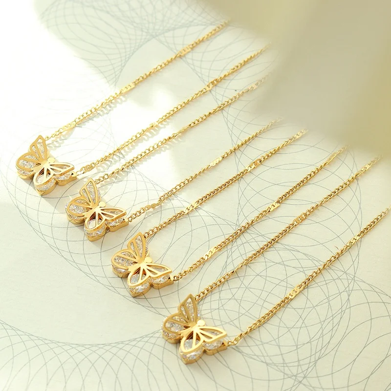 Dainty Choker Jewelry 18K Gold Plated Stainless Steel Zircon Crystal Butterfly Pendant Necklace For Women