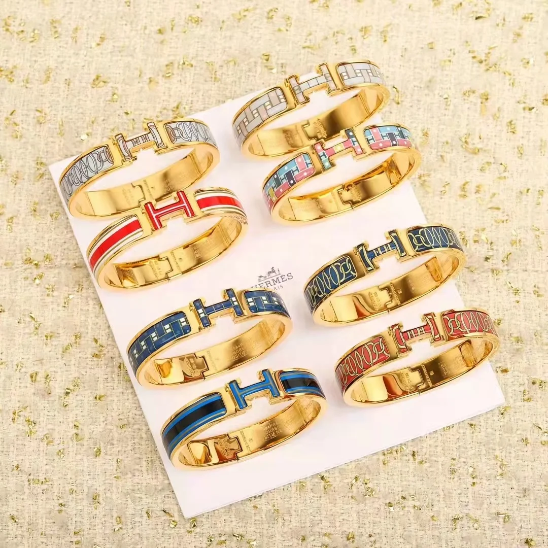 

High quality fashion stainless steel h letter bracelet 316l enamel color printed bracelet women jewelry factory wholesale